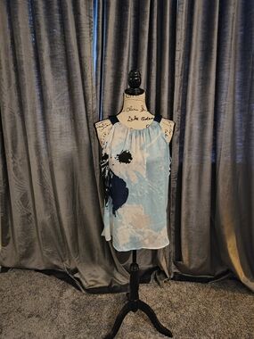 New York & Company Light Blue and Navy Floral Halter Top